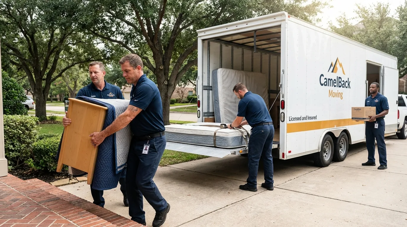 Crew loading residential truck for cross-state move from Cambridge, IL