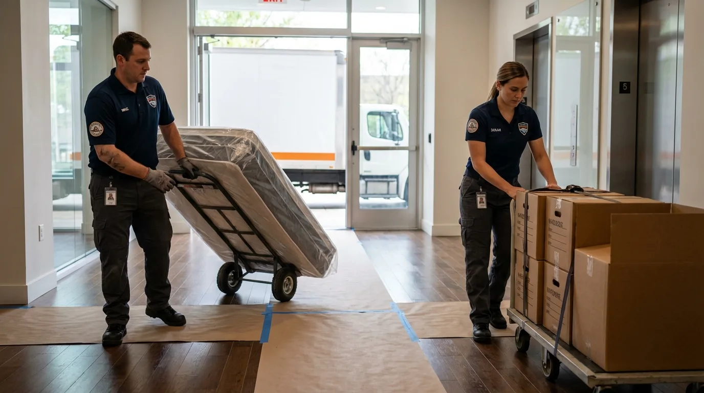 Professional apartment movers loading elevator in Cambridge, IL