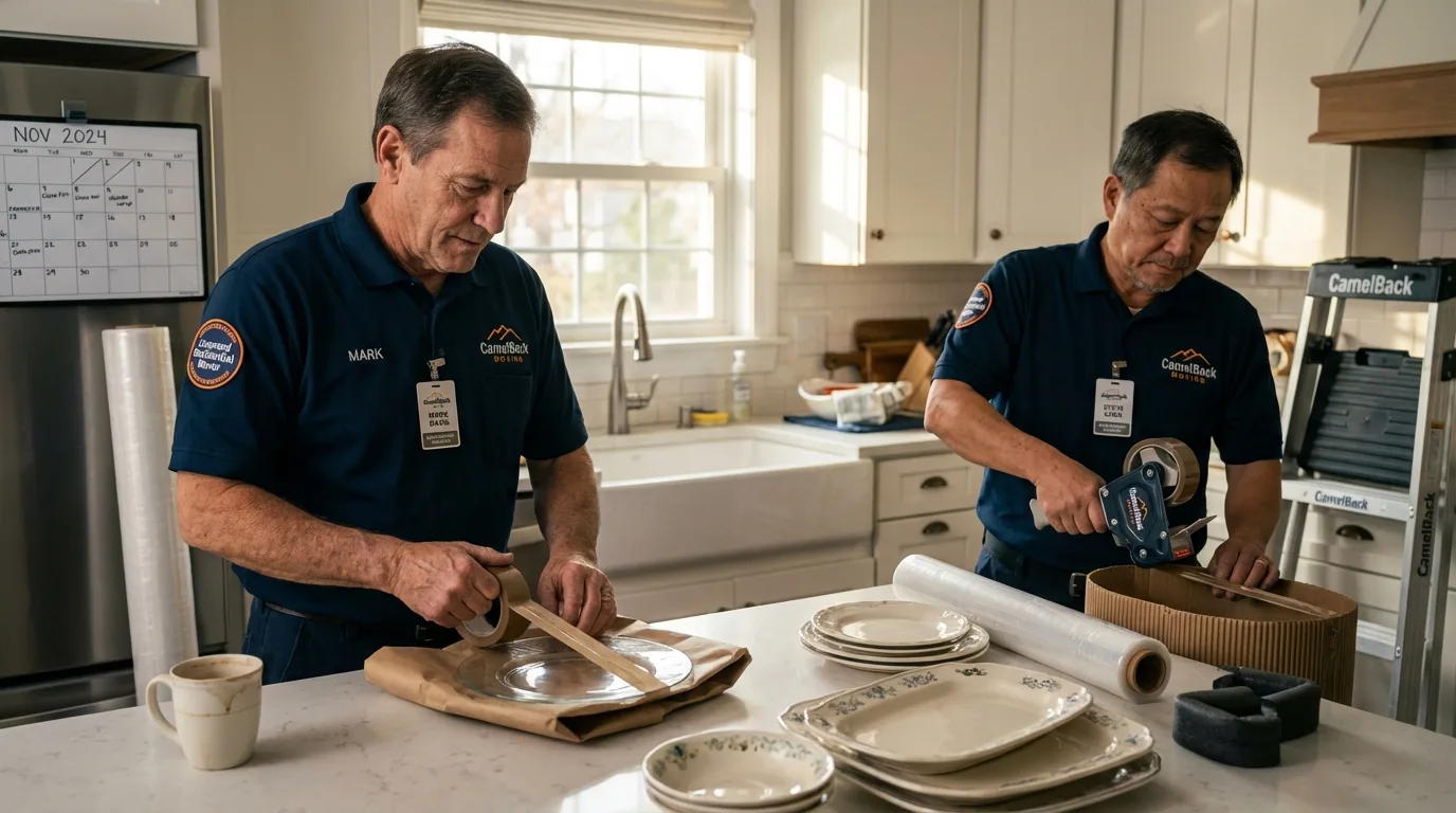 Professional crew packing kitchen dishware in Cambridge, IL